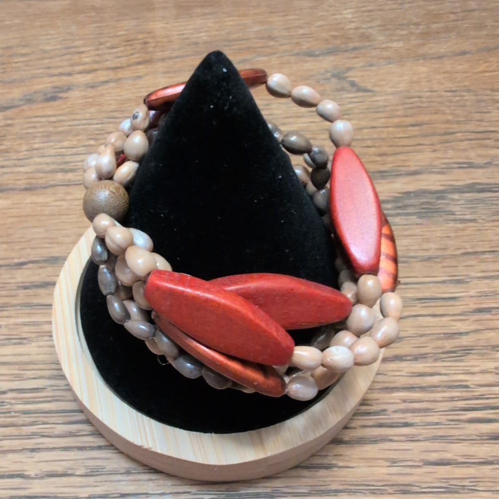 Natural Seed and Carved Wood Multi Strand Stretch Bracelet Earthy Red Brown Tan - Picture 2 of 3